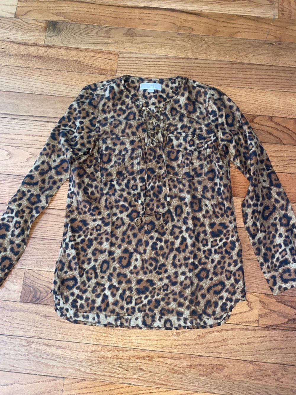 MICHAEL Michael Kors Leopard Lace-Up sheer Long Sleeve Top - Brown/Black Sz XS